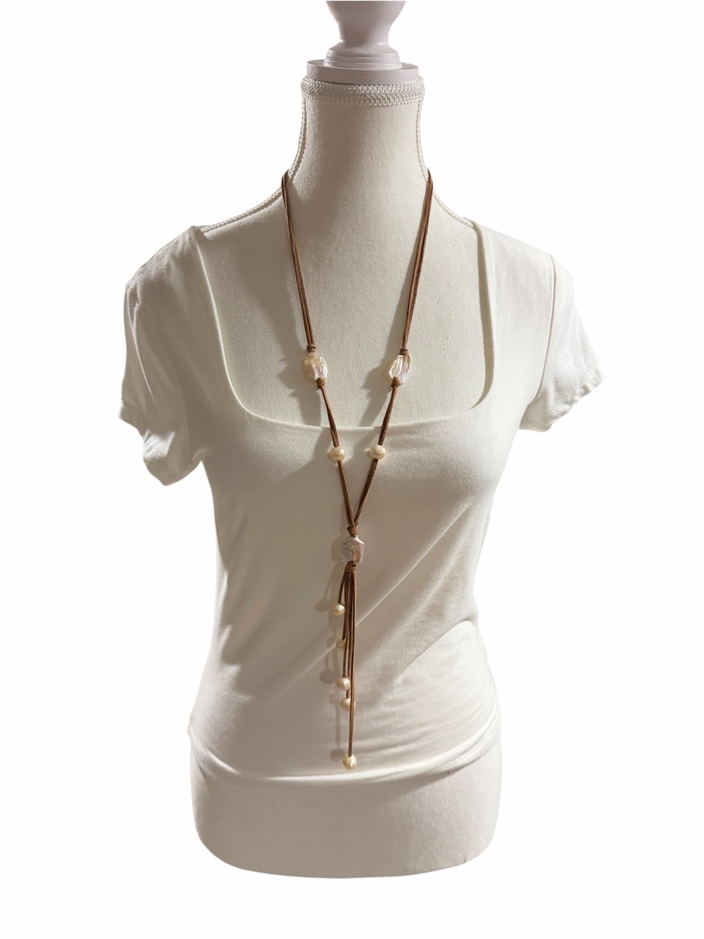 Leather Lariat Necklace with Real Freshwater Baroque Pearls